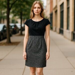 Aa Studio Black and Gray Animal Print Sheath Midi Dress -Pockets, Cap Sleeves